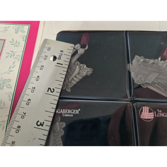 Longaberger Pewter Basket Ornament Set Of 4 With Red Ribbon In Original Box - Picture 15 of 16